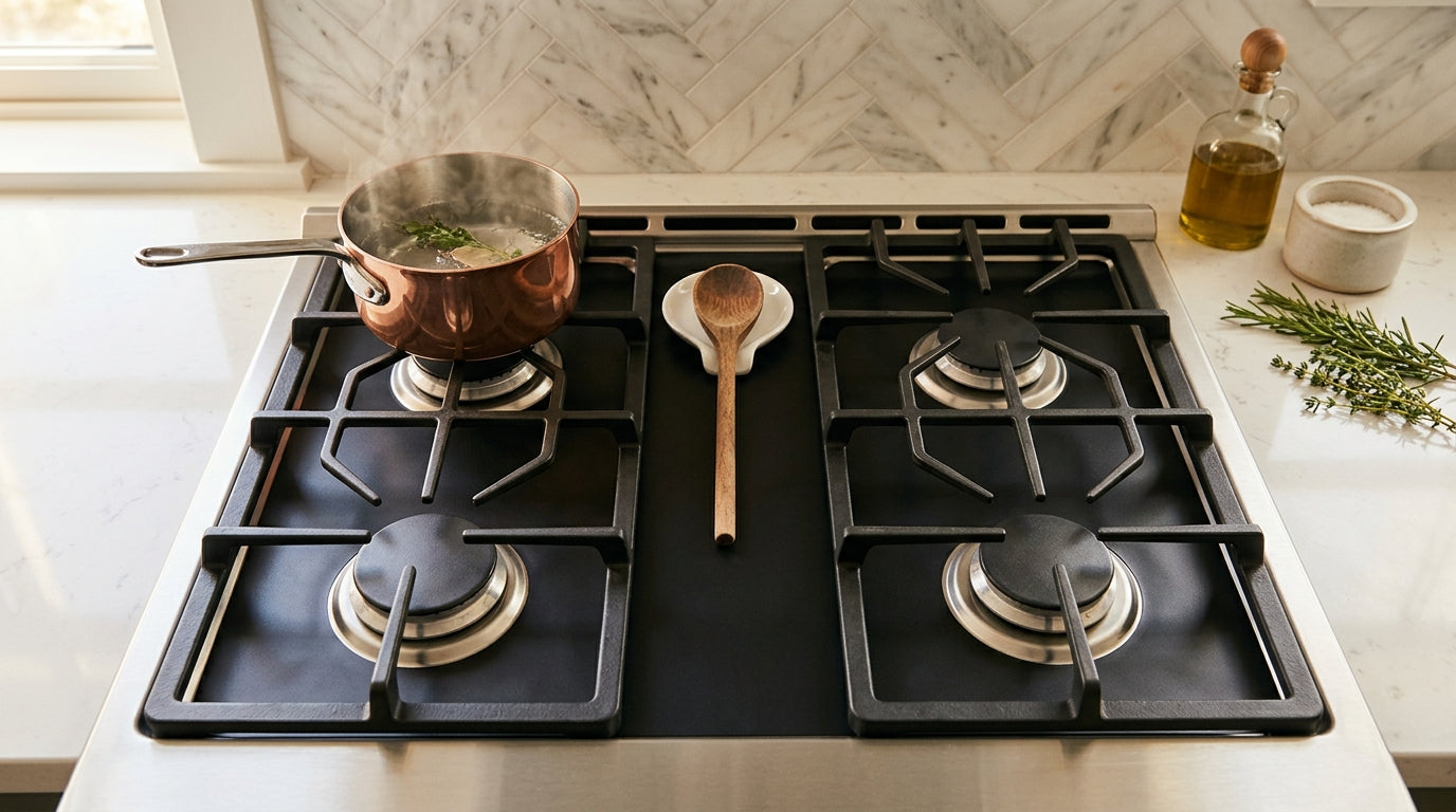 Gas stove top with copper pot on clean PTFE stove liner — safety guide header