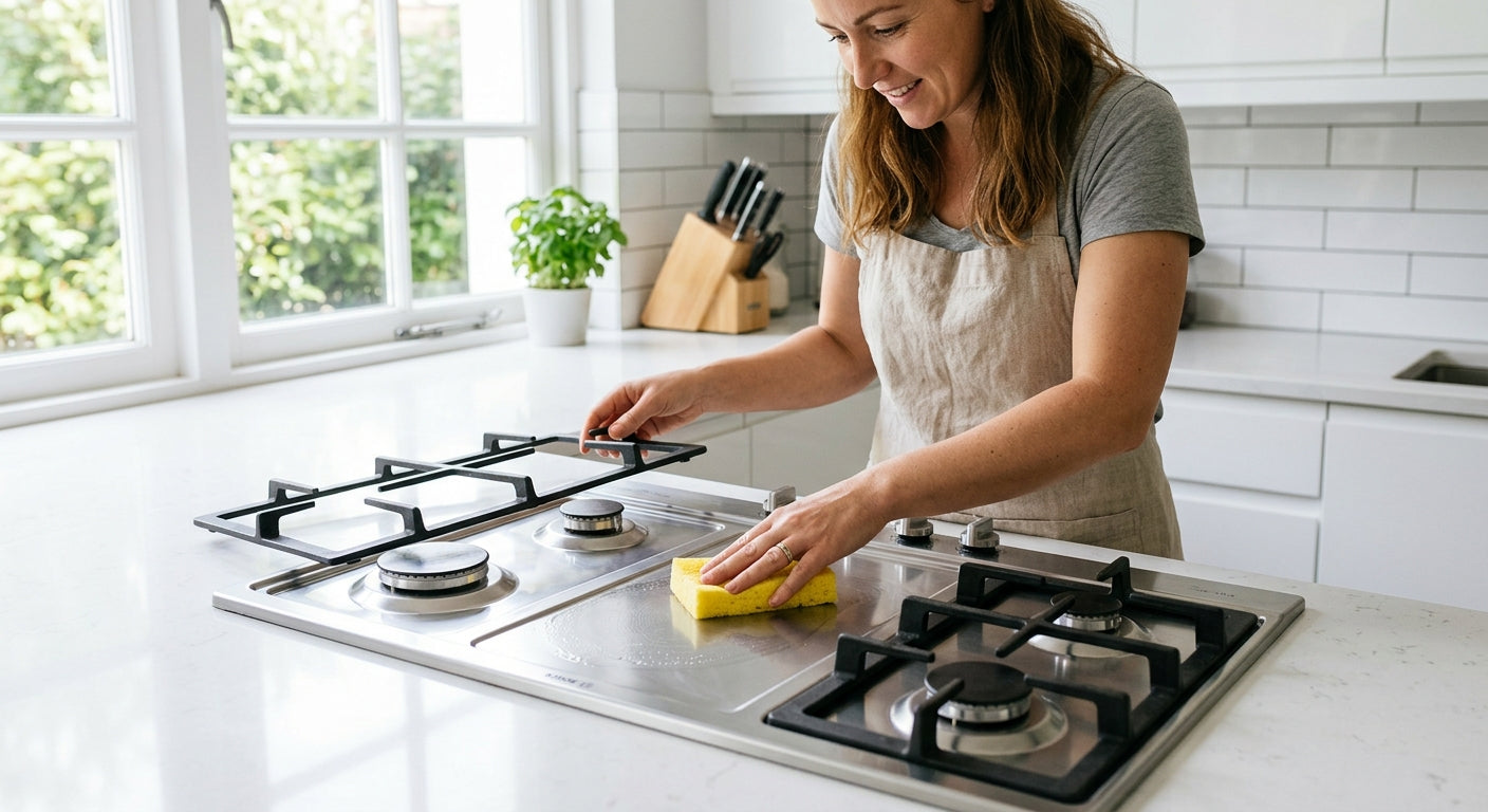 Woman wiping gas stove top with sponge in bright kitchen — cleaning guide