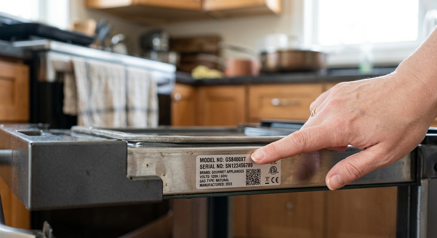 Hand pointing to stove model number label on appliance door frame — how to find model number