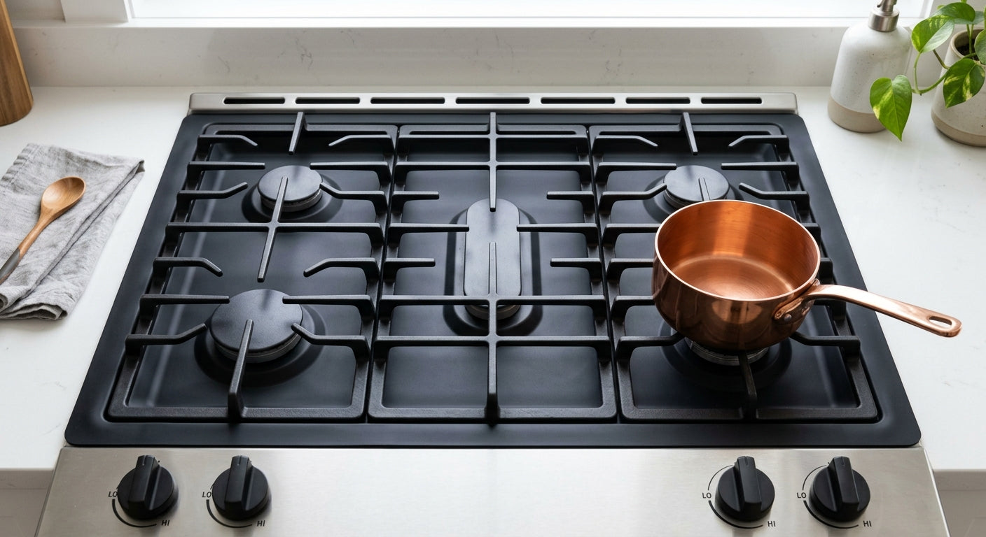 Modern gas stove with custom-fit matte black PTFE stove liner — best protectors comparison