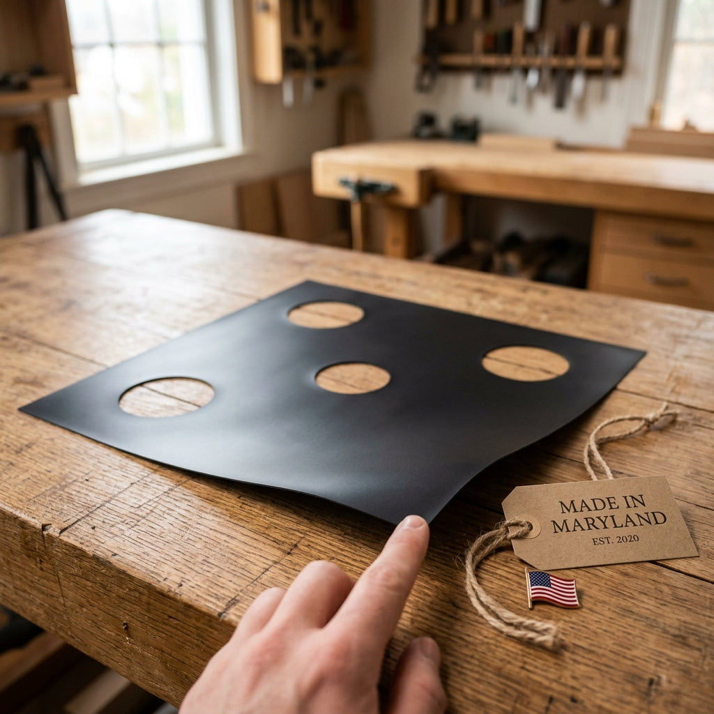 Thin flat 10-mil PTFE stove top liner with burner cutouts on a Maryland workshop bench