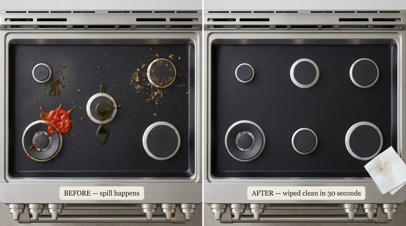 Before-and-after: greasy spill wiped from FireFly Home PTFE stove liner